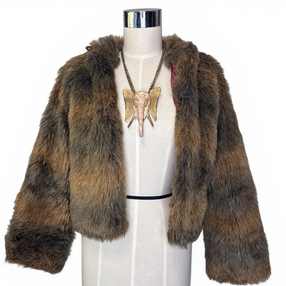 Vintage Made in England Brown Faux Fur Cropped Jacket Coat S/M‎